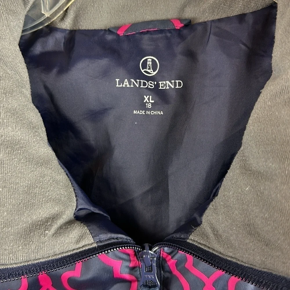 Lands End Girls Puffer Winter Jacket Size XL (18) Pink Navy Blue Down Filled